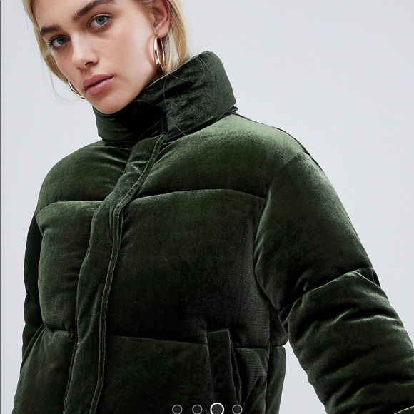 Asos Green Velvet Puffer Jacket Nwt 